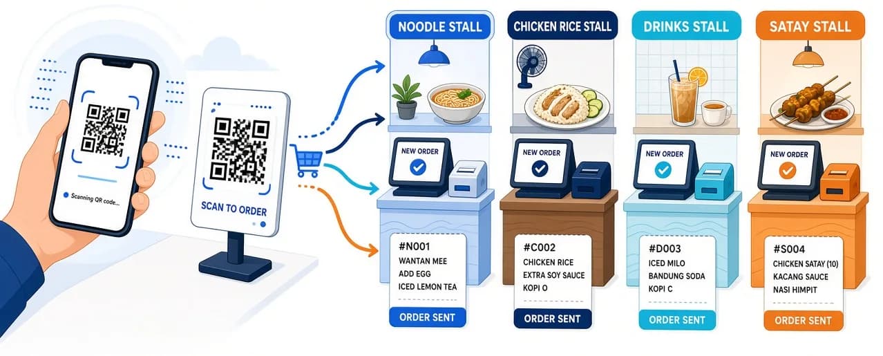 A phone scans one table QR. The order splits to the noodle, chicken rice, drinks and satay stalls, and each stall’s POS prints its own ticket.